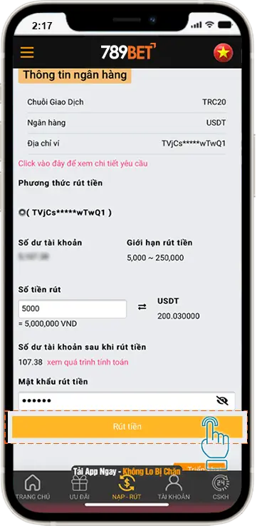 Tạo lệnh rút tiền 789BET về tài khoản ngân hàng